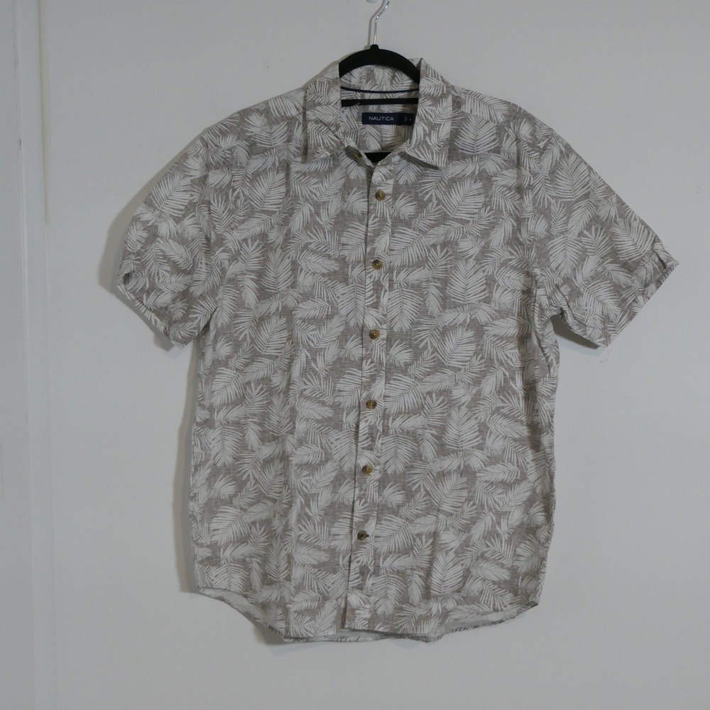 Nautica Mens Shirt M Beige Tropical Palm Leaf Print Linen Blend Coastal Vacation
